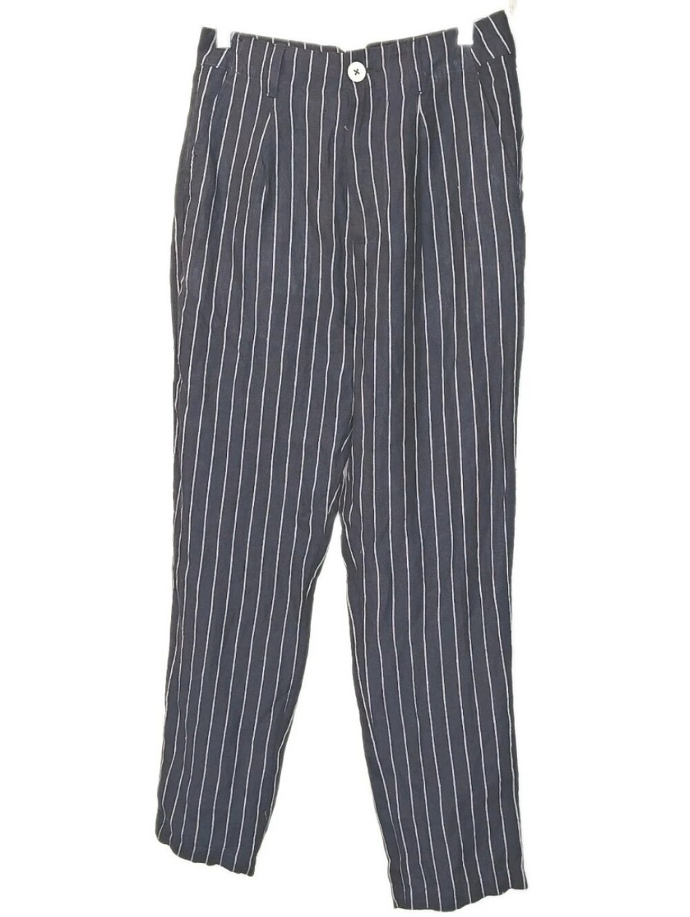 Alex Mills Woman 2 Pleated Trousers Pants Linen Navy Pinstriped Notched Back New
